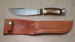 German Eye Carl Schlieper Solingen Germany Stag Fixed Blade Sheath Knife with Saw Teeth