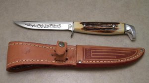 Case XX USA 1977 Blue Scroll Stag 5FINN SSP Fixed Blade Sheath Knife