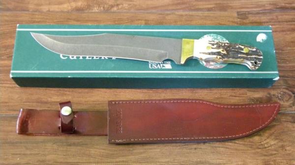Bear MGC USA Stag Damascus 502D Bowie Fixed Blade Sheath Knife in Box