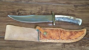 Custom Stag Fixed Blade Bowie Knife with Leather Sheath by Weatherford