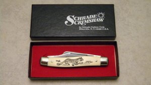 Schrade USA SC505 Long Tail Weasel Scrimshaw Delrin Stockman Knife in Box c.1985