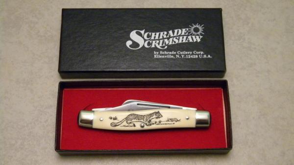Schrade USA SC505 Long Tail Weasel Scrimshaw Delrin Stockman Knife in Box c.1985 Schrade USA SC505 Long Tail Weasel Scrimshaw Delrin Stockman Knife in Box c.1985