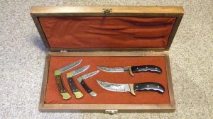 Buck USA 1977 Aurum Etch Knife Set in Wood Display Box 501, 110, 112, Kalinga & Akonua