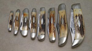 Case XX Stainless USA 3 Dot (1977) Stag Blue Scroll 8 Knife Set