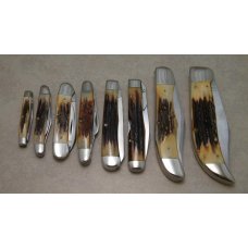 Case XX Stainless USA 3 Dot (1977) Stag Blue Scroll 8 Knife Set Case XX Stainless USA 3 Dot (1977) Stag Blue Scroll 8 Knife Set