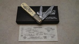 Schrade USA SC506 Raccoon Scrimshaw Barlow Knife in Box c. 1979