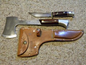 Western USA W66 & W10 D Wood Fixed Blade Knife & Axe Combo in Leather Sheath c.1980