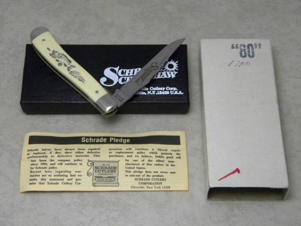 Schrade USA SC503 Bass Scrimshaw Linerlock Trapper Knife in Box c. 1980 Schrade USA SC503 Bass Scrimshaw Linerlock Trapper Knife in Box c. 1980