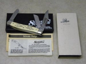 Schrade USA SC505 Raccoon Scrimshaw Stockman Trapper Knife in Box c. 1980
