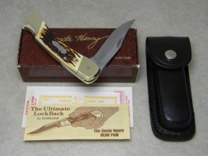Schrade + USA LB8 Uncle Henry Staglon Papa Bear Lockback Knife & Pouch in Box