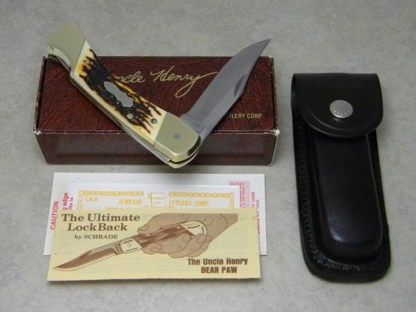 Schrade + USA LB8 Uncle Henry Staglon Papa Bear Lockback Knife & Pouch in Box Schrade + USA LB8 Uncle Henry Staglon Papa Bear Lockback Knife & Pouch in Box