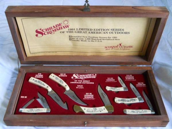 Schrade 1991 Great American Outdoors Scrimshaw Set USA Mint Schrade 1991 Great American Outdoors Scrimshaw Set USA Mint