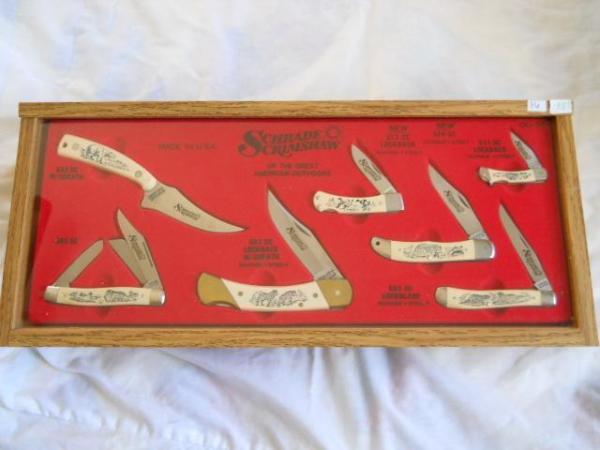 Schrade 1987 Scrimshaw Of The Great American Outdoors Set USA Mint Schrade 1987 Scrimshaw Of The Great American Outdoors Set USA Mint