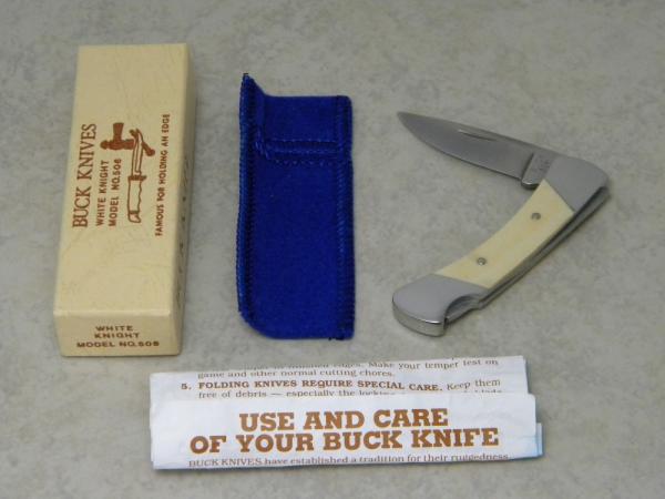 Buck USA Model # 506 White Knight Ivory Micarta Lockback Knife & Pouch in Box Pre 1986 Buck USA Model # 506 White Knight Ivory Micarta Lockback Knife & Pouch in Box Pre 1986