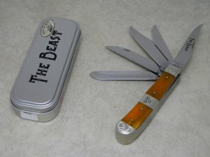 Case XX USA 2008 Orange Bone 6554 SS The Beast 5 Blade Trapper Knife with Scrolled Bolsters in Tin