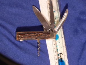 Vintage J A Henckels Friodur 3 Blade Push Lock Large Hunter +Corkscrew with NICE! Stag Handes