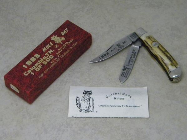 Colonel Coon Knives Col. Coon Tenn. USA Stag 1983 Mule Day Mini Trapper Knife in Box Colonel Coon Knives Col. Coon Tenn. USA Stag 1983 Mule Day Mini Trapper Knife in Box