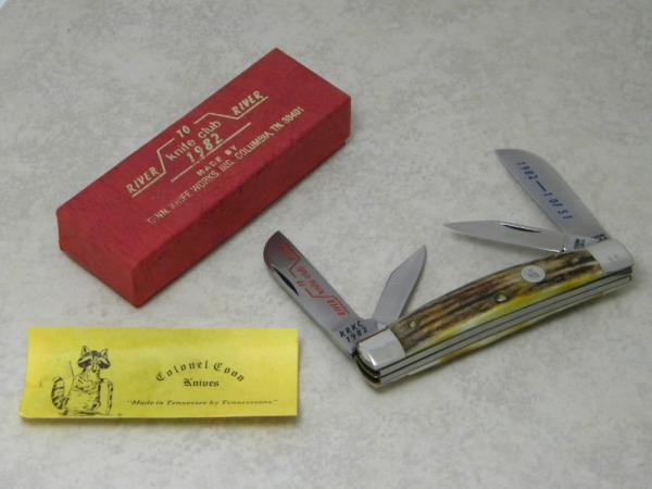 Colonel Coon Knives Col. Coon Tenn. USA Stag 1982 River to River Knife Club Congress Knife in Box Colonel Coon Knives Col. Coon Tenn. USA Stag 1982 River to River Knife Club Congress Knife in Box