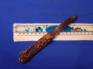 Vintage J A Henckels Friodur Single Blade Push Lock Large Hunting Pocket Knife Great Stag Handles