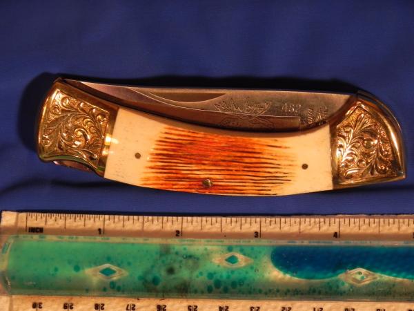 Vintage Parker IMAI K-115 Large Lock back Hunting Knife with Moose Blade Etch & Scroll Bolsters -NOS Vintage Parker IMAI K-115 Large Lock back Hunting Knife with Moose Blade Etch & Scroll Bolsters -NOS