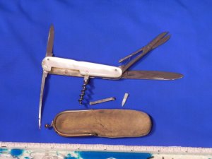 Antique J A Henckels 7 blade multi-use knife with flawless fiery Mother of Pearl handles +Orig Pouch