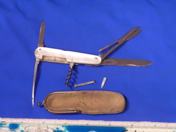 Antique J A Henckels 7 blade multi-use knife with flawless fiery Mother of Pearl handles +Orig Pouch Antique J A Henckels 7 blade multi-use knife with flawless fiery Mother of Pearl handles +Orig Pouch