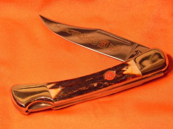 Vintage J A Henckels Single Blade Hunting Pocket Knife w SHOWCASE STAG handles & Red twin men shield Vintage J A Henckels Single Blade Hunting Pocket Knife w SHOWCASE STAG handles & Red twin men shield