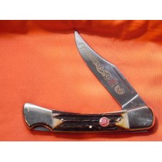 Vintage J A Henckels Single Blade Hunting Pocket Knife w SHOWCASE STAG handles & Red twin men shield Vintage J A Henckels Single Blade Hunting Pocket Knife w SHOWCASE STAG handles & Red twin men shield