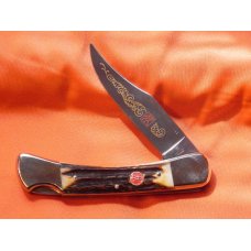 Vintage J A Henckels Single Blade Hunting Pocket Knife w SHOWCASE STAG handles & Red twin men shield Vintage J A Henckels Single Blade Hunting Pocket Knife w SHOWCASE STAG handles & Red twin men shield