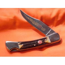 Vintage J A Henckels Single Blade Hunting Pocket Knife w SHOWCASE STAG handles & Red twin men shield Vintage J A Henckels Single Blade Hunting Pocket Knife w SHOWCASE STAG handles & Red twin men shield