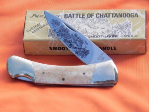 Vintage Frost Cutlery Custom Design Folding Hunting Pocket Knife w Blade Etch &Smooth Appaloosa Bone