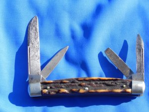 Antique J A Henckels Congress Gnarly Stag handles 3 Blades & 1 File, Long Arm Twin Men Early 1940s?