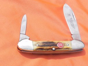 Vintage J A Henckels 2 Blade Canoe pocket knife with Great Stag Handles +blade etching +Red Shield