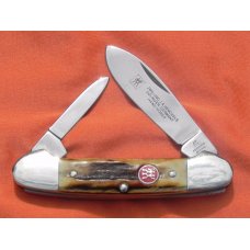 Vintage J A Henckels 2 Blade Canoe pocket knife with Great Stag Handles +blade etching +Red Shield Vintage J A Henckels 2 Blade Canoe pocket knife with Great Stag Handles +blade etching +Red Shield