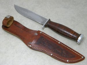 Schrade Walden NY USA H-15 Stacked Leather Hunting Fixed Blade Sheath Knife