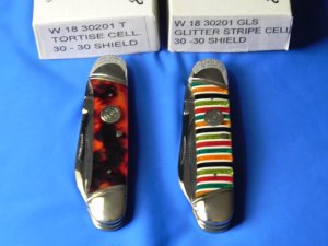 2 Winchester pocket knife set ,30-30 bullet shield w/ Glitter Stripe & Faux Tortoise Shell