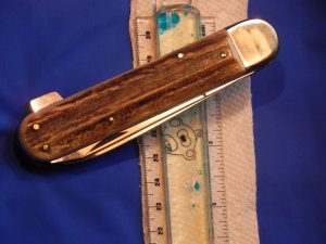 J A Henckels, Friodur, 2 Blade Push Lock Large Hunting Knife w/ Stag Handles Mdl # 2105 +Blade etch