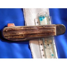 J A Henckels, Friodur, 2 Blade Push Lock Large Hunting Knife w/ Stag Handles Mdl # 2105 +Blade etch J A Henckels, Friodur, 2 Blade Push Lock Large Hunting Knife w/ Stag Handles Mdl # 2105 +Blade etch