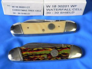 2 Winchester 30-30 Cartridge Series Canittler Pocket Knives with Christmas Tree & Waterfall Handles