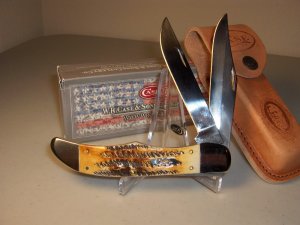 CASE XX - FOLDING HUNTER BURNT BONESTAG #3574 - WITH LEATHER SHEATH - 5 1/4" CLOSED LENGTH