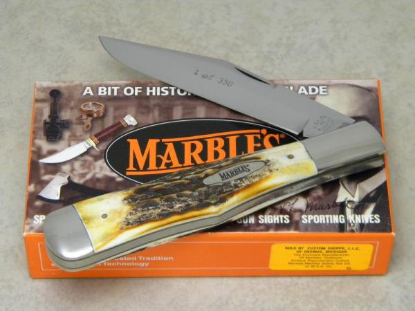 Marbles M.S.A. Co. 02 Gladstone, Mich USA Genuine Stag Large Coke Bottle Knife in Box c.2002 Marbles M.S.A. Co. 02 Gladstone, Mich USA Genuine Stag Large Coke Bottle Knife in Box c.2002
