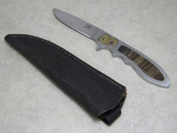 Custom FORTHOFER Whitefish, Mont. Metal with Rams Horn Inlay Fixed Blade Knife with Leather Sheath 