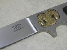 Custom FORTHOFER Whitefish, Mont. Metal with Rams Horn Inlay Fixed Blade Knife with Leather Sheath 