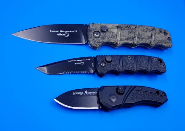 Boker Mossy Oak Camo 74 & Mini 73 Kalashnikovs + Schrade Cali-legal Automatic Pocket Knives Used Boker Mossy Oak Camo 74 & Mini 73 Kalashnikovs + Schrade Cali-legal Automatic Pocket Knives Used