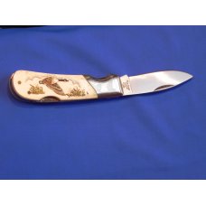 Vintage Frost Single Blade Lock back knife with Highly Detailed Scrimshaw Canadian Goose scene -NOS Vintage Frost Single Blade Lock back knife with Highly Detailed Scrimshaw Canadian Goose scene -NOS