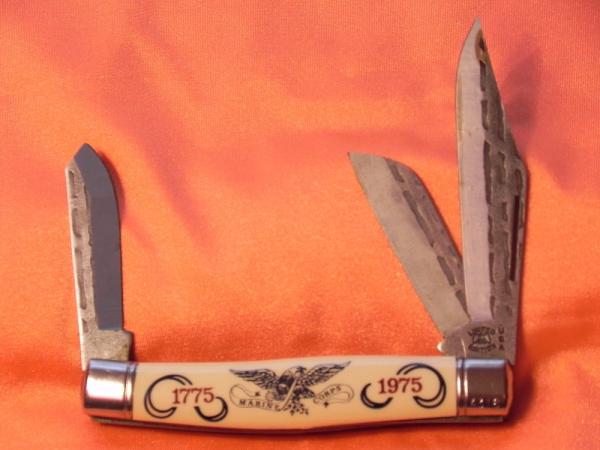 Vintage 1975 Schrade/Parker Marines Service Pocket knife w/ Off White handles & Faux Damascus Blades Vintage 1975 Schrade/Parker Marines Service Pocket knife w/ Off White handles & Faux Damascus Blades