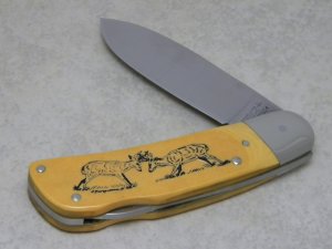 Schrade + USA SC504 Buck Deer Scrimshaw Yellow Micarta Large Lockback Knife c.1981