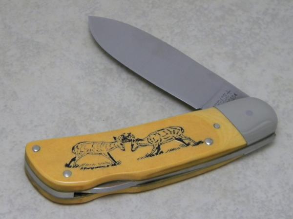 Schrade + USA SC504 Buck Deer Scrimshaw Yellow Micarta Large Lockback Knife c.1981 Schrade + USA SC504 Buck Deer Scrimshaw Yellow Micarta Large Lockback Knife c.1981