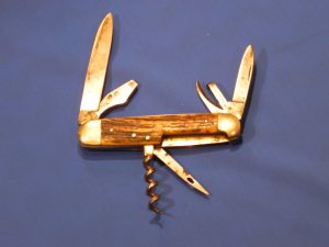 Early J A Henckels 6 Blade Multi-use Tool. Pocket Worn Smooth Stag Worksman Pocket Knife- RARE ONE!