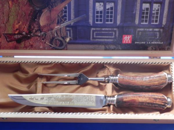 Zwilling J A Henckels Carving Knife w/ Elk Wildlife Blade Etch + Serving Fork & Premium Stag Handles